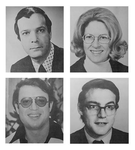 Four headshots of people in black-and-white