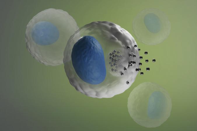 A graphic of a cell with nanotechnology